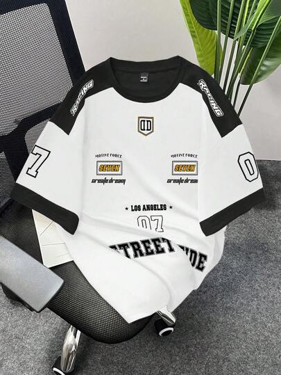 Claim Dot 男士字母印花圆领休闲宽松T恤 男士短袖T恤 撞色T恤 字母印花T恤 Y2K赛车T恤