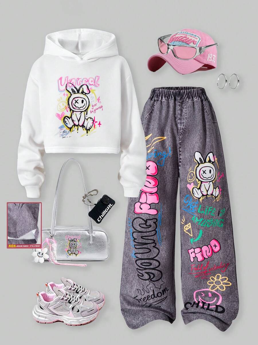 SHEIN ChillGRL Mädchen Lässiger Chic Cartoon Grafik Sweatshirt und passendes Cartoon Hosen Set - Weiss - Übersicht 1