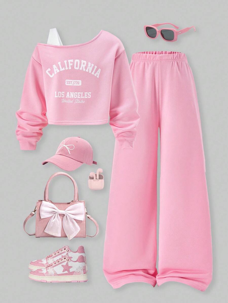 SHEIN ChillGRL 2 件套 Tween Girls ME 宽松设计不对称肩部拼色印花长袖上衣和阔腿裤套装,适合日常休闲、通勤、度假、聚会、街头风格、秋冬 - 粉色 - 查看 1