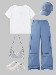 SHEIN ChillGRL 2 件套 青少年女孩休闲时尚蝴蝶结刺绣短袖上衣和多口袋工装裤