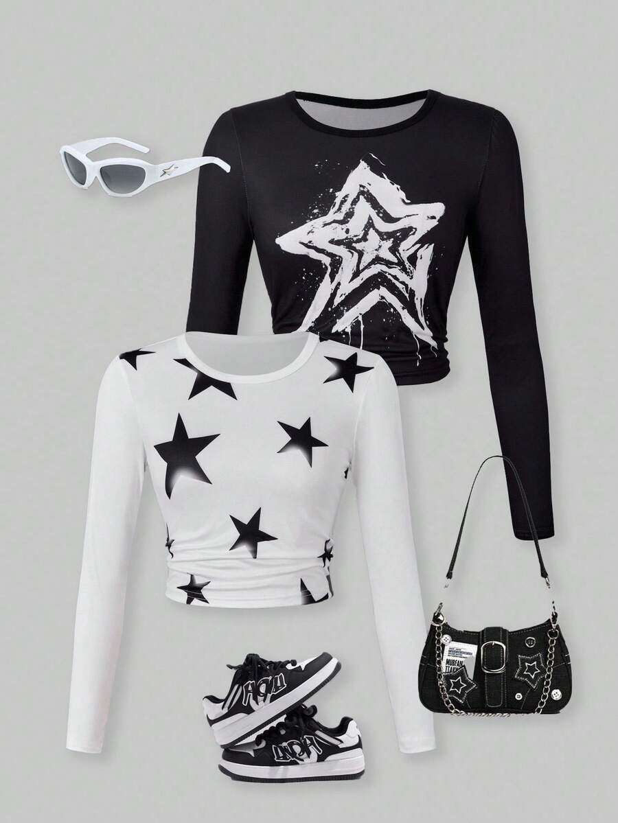 SHEIN ChillGRL 2 Stücke Grafik-Muster Langarm-Shirts für Tween Mädchen