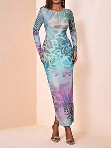 Eryvara Vestido largo con estampado de leopardo y floral para mujer - Multicolor - Ver 1