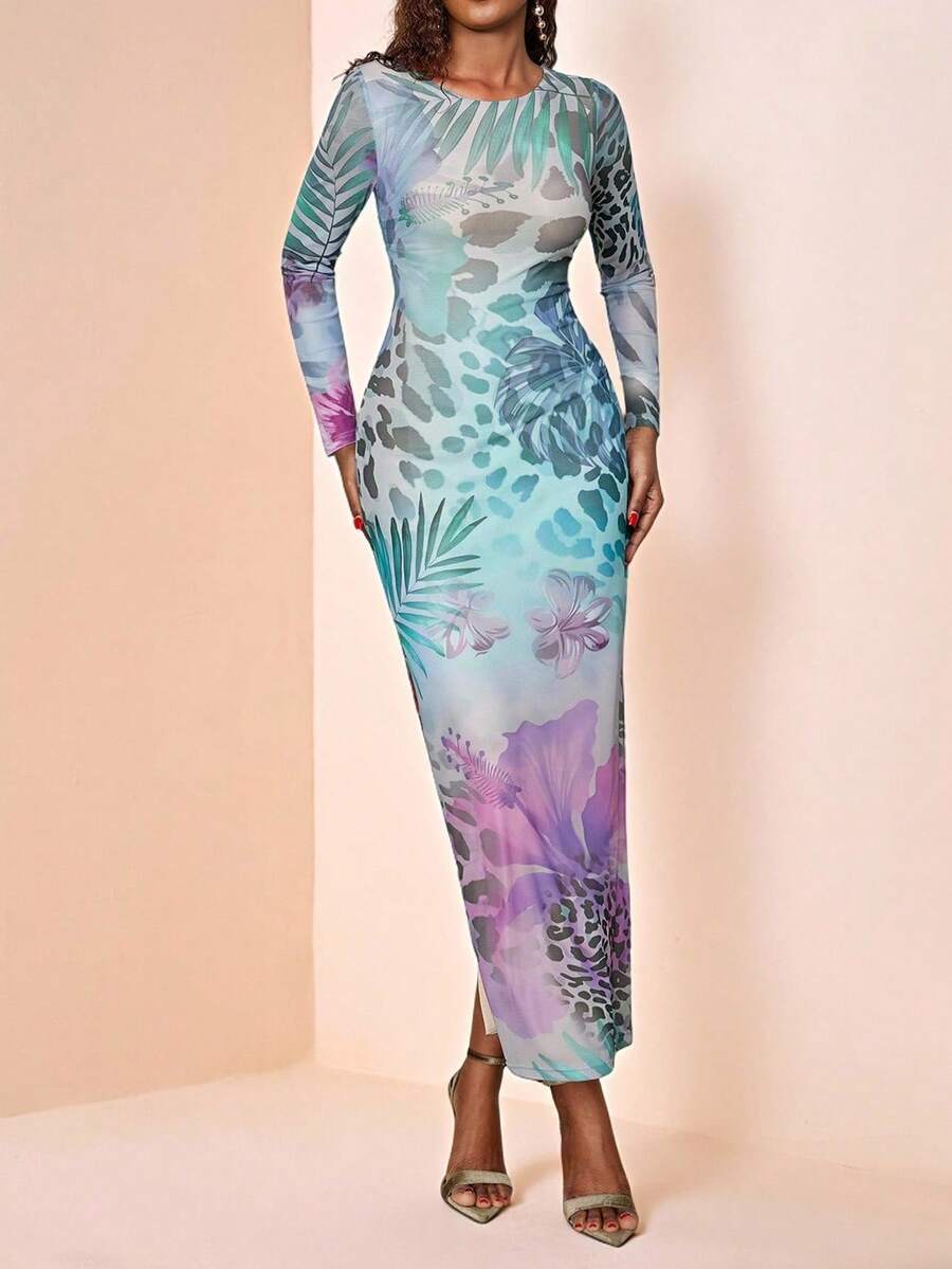 Eryvara Vestido largo con estampado de leopardo y floral para mujer - Multicolor - Ver 1