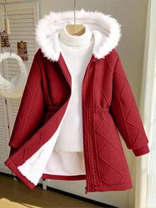 SHEIN 少女休闲百搭多功能保暖毛领中长连帽针织外套，适合上学和日常穿着，秋冬季 - 紅色 - 查看 4