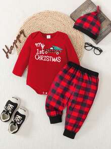 SHEIN Playful Pals 3件套男宝宝万圣节字母印花长袖连体衣+南瓜图案裤子+帽子套装，秋季宝宝圣诞套装，女宝宝圣诞套装，我的第一个圣诞节宝宝套装，格子套装 - 紅色 - 查看 2