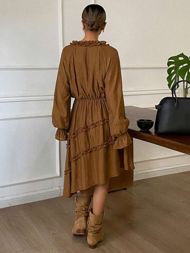 Solid Color Loose Waist Pleated Ruffle Tie Cuff Asymmetrical Hem Elegant Vacation Midi Dress For Women, Autumn/Winter