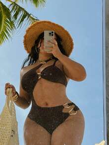 Swim SXY Plus Size Women's Solid Brown Knit One-Piece Swimsuit, Minimalist Oblique Collar Strap Design, Casual Resort Style - Brown - View 6