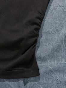 Attitoon 休闲复古学院风黑白撞色Polo领运动徽章字母印花图案女式休闲撞色拼接褶皱装饰长袖T恤，适合秋冬季节，复古、经典、百搭、学院风，返校季，秋季，女士秋装，女士冬装 - 黑色 - 查看 5