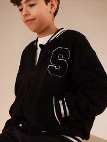 SUMWON Boys Textured Varsity Jacket With Letter Applique And Ribbed Trim - Black - View 4