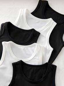 SHEIN Playful Pals Set de 10 piezas de ropa interior básica de algodón, camiseta sin mangas, calzoncillos y bóxers para niños jóvenes con estilo deportivo y colegial sencillo - Blanco y Negro - Ver 4
