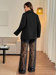 Vionelle 大码女式优雅宽松双排扣长袖外套上衣和喇叭蕾丝裤套装 - 黑色 - 查看 2