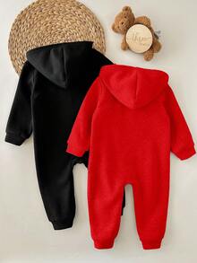 SHEIN 2pcs Baby Girl Cute Solid Color Hooded Jumpsuit, Autumn/Winter - Multicolor - View 2