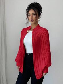 Elenzga Women's Elegant High-Quality Knitted Cardigan With Metal Button Design, Simple And Generous, Suitable For Autumn/Winter - Red - View 6