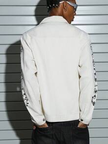 PAVTROS Slim-Fit Floral Print Denim Jacket, Cream White, Autumn/Winter Men White Denim Graphic Jacket Men Graphic Print Jacket Men Graphic Jacket - Beige - View 3