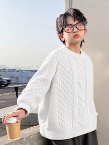 SHEIN Maglione girocollo bianco con texture, stile coreano casual, adatto per ragazzi pre-adolescenti, versatile per pendolarismo, scuola, uso casual quotidiano, adatto anche per sport, stagione autunno/inverno - Bianco - Visualizzare 5
