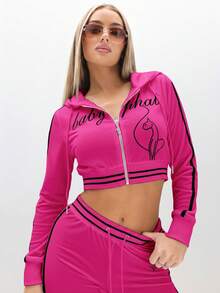 BABYPHAT Velour Hooded Zip Up Sweatshirt With Embroidered Script Logo And Side Stripe Detail For Women - Hot Pink - View 7