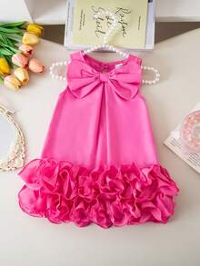 Elladie kids Baby Girls' Elegant Sleeveless Bow Decor Ruffle Mesh Hem Dress, Spring/Summer - Pink - View 7