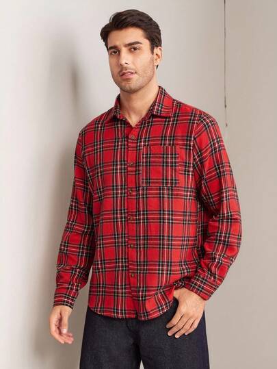 Manfinity RelaxMax Men's Casual Plaid Long Sleeve Shirt For Christmas Family Matching Outfits Plaid Family Set Family Christmas Outfits