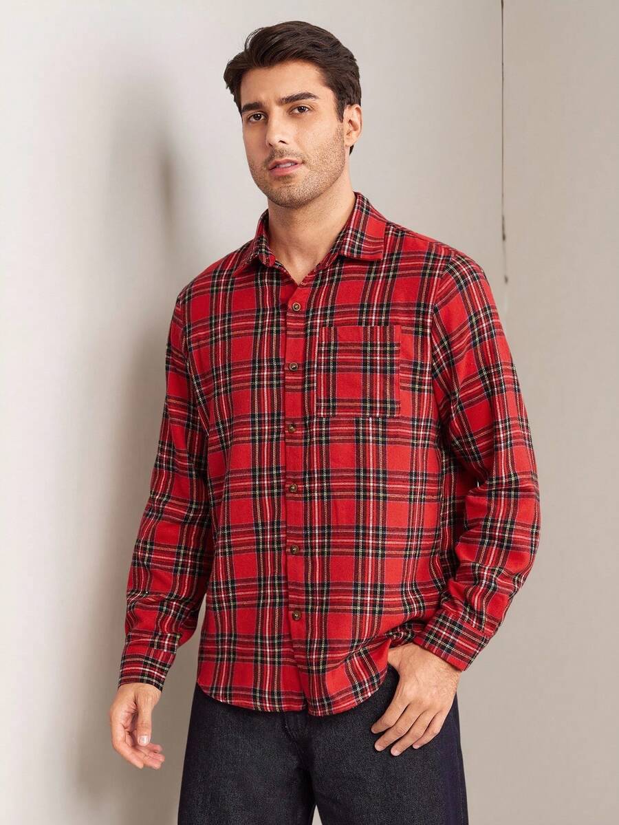 Manfinity RelaxMax Men's Casual Plaid Long Sleeve Shirt For Christmas Family Matching Outfits Plaid Family Set Family Christmas Outfits - Red - View 1