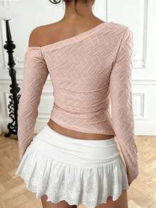 Zavorell 女士性感优雅斜肩蕾丝纯色纹理面料长袖修身衬衫，春秋季上衣，适合商务通勤、日常穿着和浪漫约会，冬季圣诞节新年感恩节女装。 - 粉色 - 查看 2