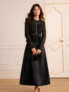 Lilora 优雅高端蕾丝拼接圆领前镶钻纽扣装饰腰部荷叶边下摆长袖连衣裙，适合正式场合、婚礼、社交活动。 - 黑色 - 查看 2