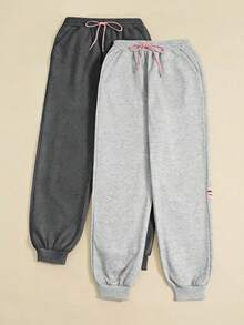 INAWLY 女士纯色抽绳腰休闲运动裤，秋冬季 - 深灰色 - 查看 4