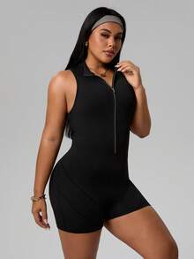 Rhythm Era Women's Sleeveless Zipper Short Fitted Sporty Casual Jumpsuit, Suitable For Daily Wear, Running, Yoga, Plus Size Athletic Romper Bodysuit Romper Tummy Control Romper Athletic Romper Dress Black Romper Women Body Suit Romper