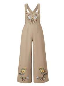 SHEIN ChillGRL Tween Girls' Bee Graphic Wide Leg Bib Jumpsuit - Khaki - View 4