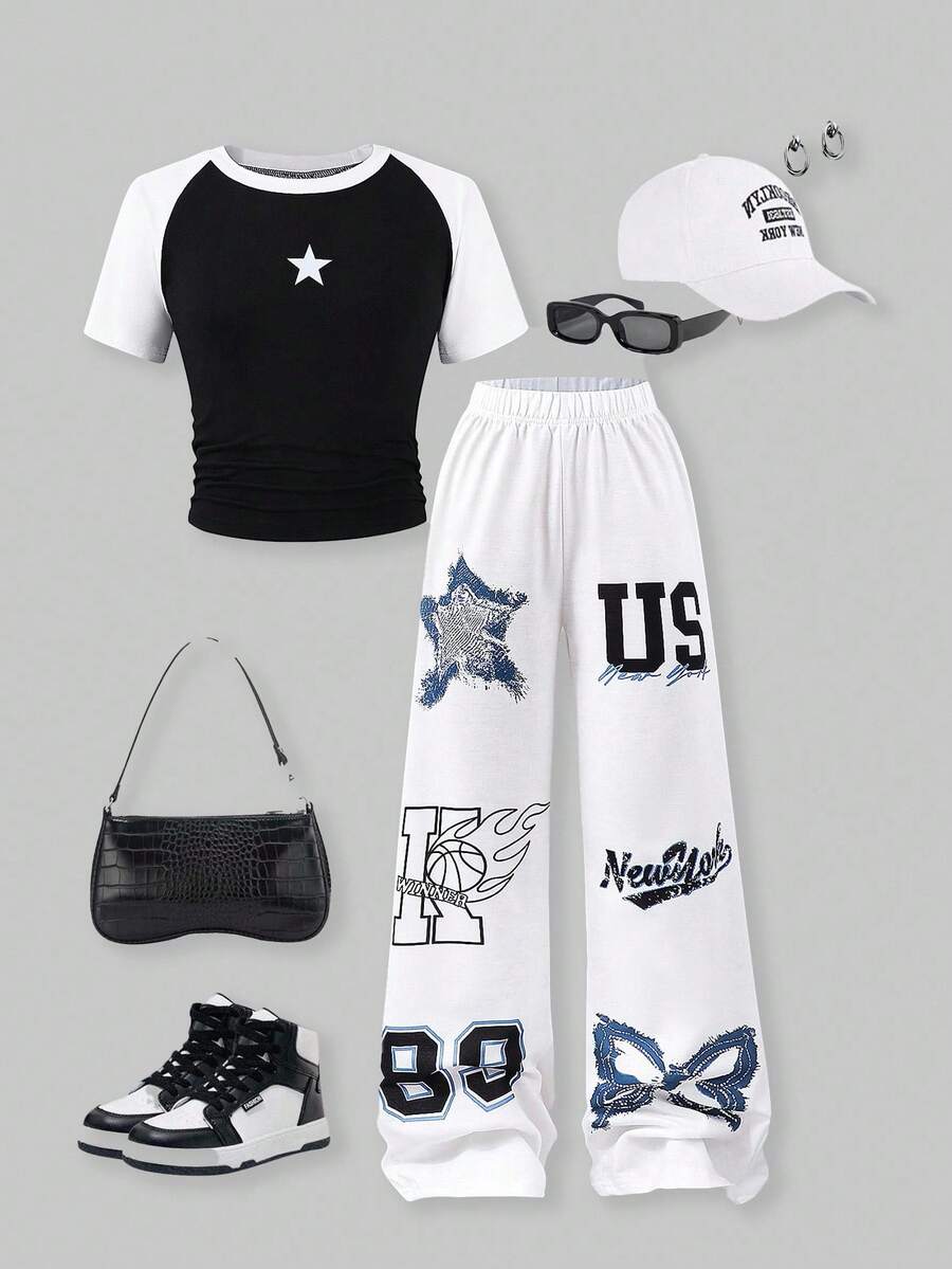 SHEIN Explorewe 青少年女孩两件套：黑白拼色星星印花短款 T 恤 + 白色手绘运动裤，休闲街头风格运动装 - 白色 - 查看 1