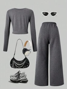 SHEIN ChillGRL 2件套青少年女孩休闲简约圆领长袖T恤和阔腿裤，秋冬 - 深灰色 - 查看 2