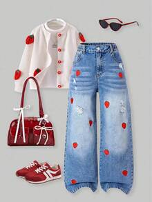 SHEIN ChillGRL Tween Girl Embroidered Casual Straight Leg Washed Denim Jeans Summer Holiday - Medium Wash - View 1