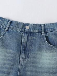 Vacaura 青少年男孩复古中度洗水蓝色牛仔裤，猫须做旧宽松直筒版型，面料柔软舒适，百搭，大童休闲裤 - 中等水洗藍 - 查看 4