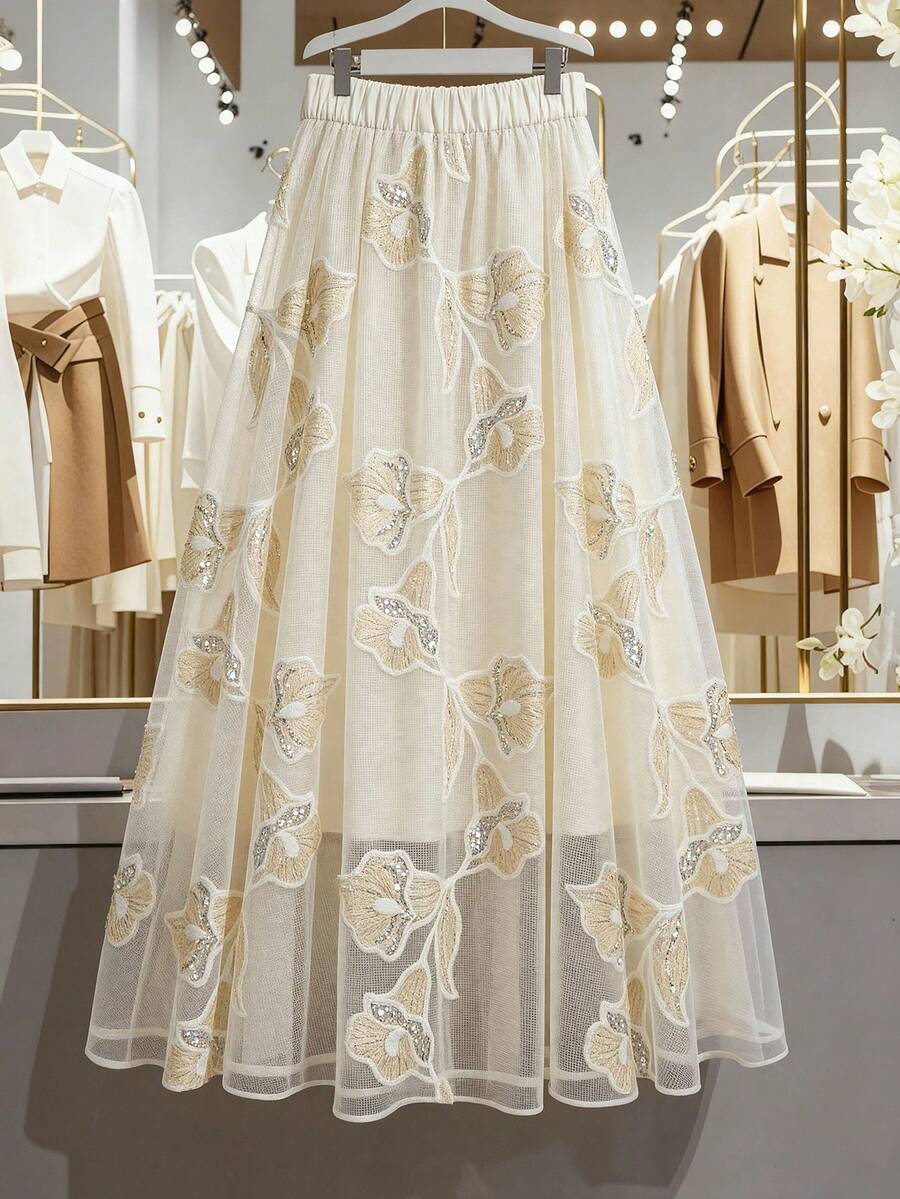 GlowEve CURVE Plus Size Elegant Sequin Embroidered Lining Skirt, Suitable For Party, Daily Wear, Commuting - Apricot - View 1