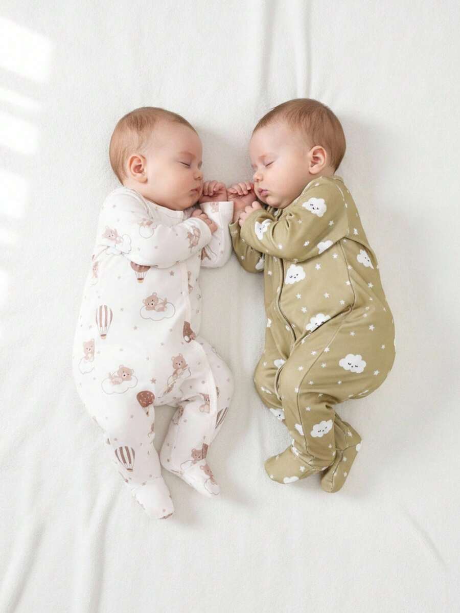 2 件套新生儿柔软印花云朵和熊长袖连脚连体衣睡衣，适合夏季家居服 - 彩色 - 查看 1