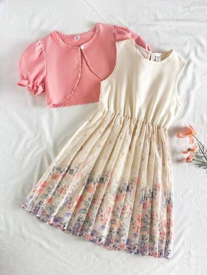 SHEIN Vintaside Kids 2件套少女情人节碎花荷叶边连衣裙配泡泡袖开衫，优雅春夏款