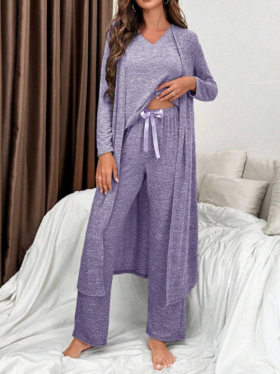 SHEIN 女士长袖上衣和裤子家居服套装,冬季服装 - 紫色 - 查看 1
