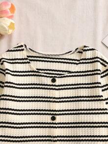 Tween Girl' Children's Spring And Autumn Hoodie Jacket Two Pieces Set Knitted Striped Short Long Sleeved Casual Versatile Commuting Button Closure Texture Daily Wear Long Pants - Apricot - View 6