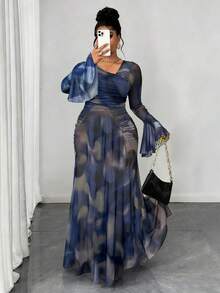 Maweii Vestido longo de manga comprida com ombro assimétrico, plissado, semitransparente e digital, para mulheres plus size, ideal para primavera/outono/inverno
