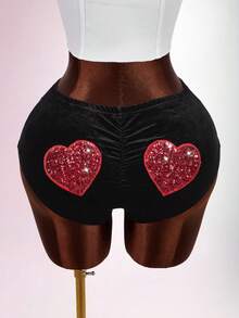 Amplova 女士黑红撞色情人节紧身短裤，饰有心形亮片，性感设计，适合情人节、约会之夜穿着，闪亮性感短裤，女士必备 - 黑色 - 查看 1
