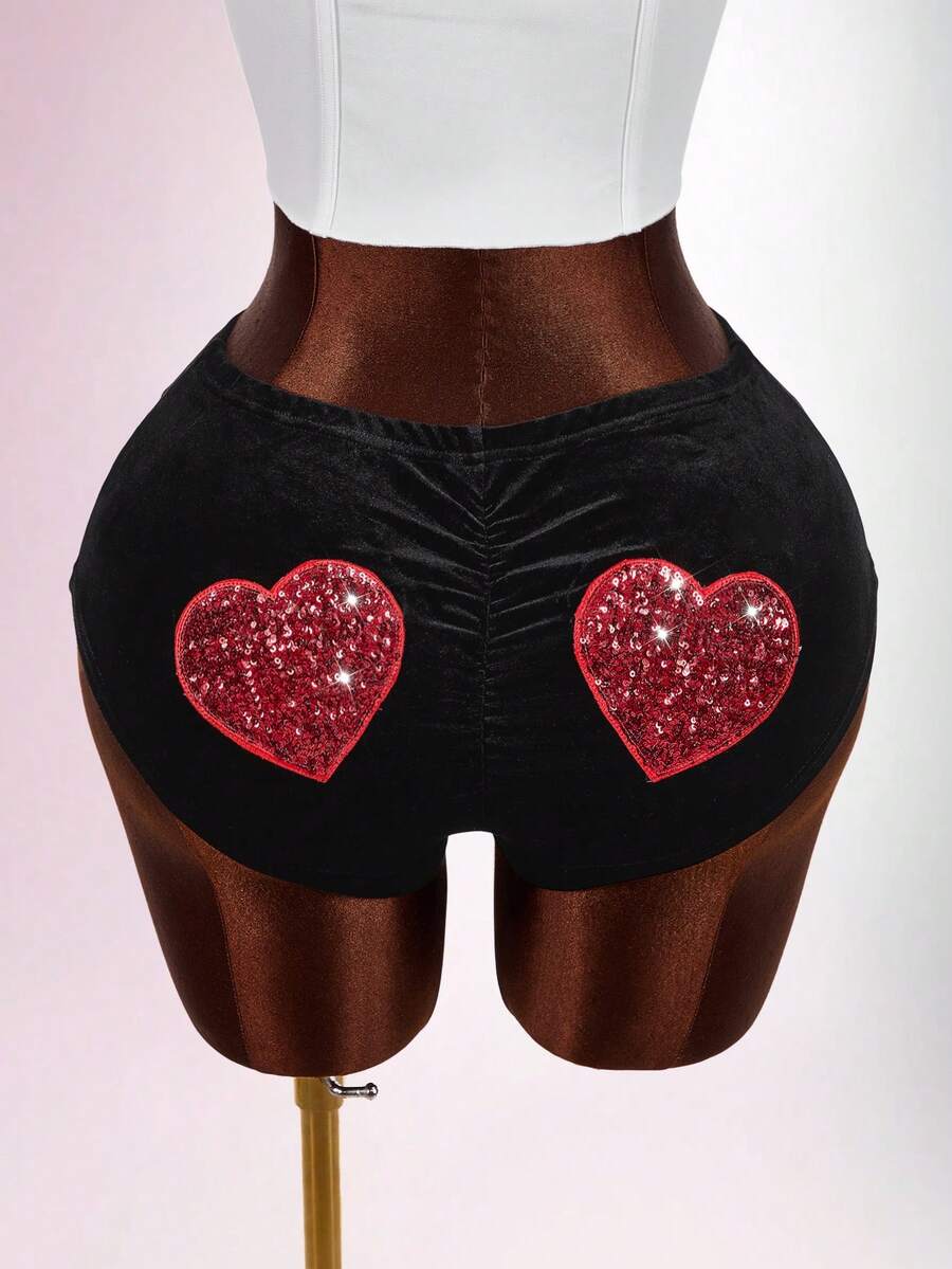 Amplova 女士黑红撞色情人节紧身短裤，饰有心形亮片，性感设计，适合情人节、约会之夜穿着，闪亮性感短裤，女士必备 - 黑色 - 查看 1