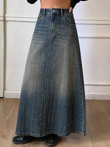 DAZY Vintage Washed Denim A-Line Casual Retro Long Skirt For Women, Autumn/Winter Y2k - Blue - View 7