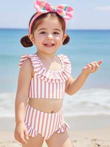 New Fashion Baby Girls Leopard Print Ruffled 2 Pieces Bikini Set, Suitable For Vacation, Beach, Summer, Spring Break Baby Girl Swimsuit Two Piece Baby Bathing Suit 2 Piece Ruffle Two Piece Swimsuit Summer Two Piece Set Striped Baby Swimsuit Girl Beach Wear Striped Swimsuit Girl 2 Piece Toddler Girl Swimwear Toddler Girl Swimsuit Baby Girl Swimwear - Multicolor - View 1