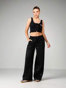 Missguided x Playboy Lace Up Front Ribbed Cami Vest Top With Bunny Logo Black Sleeveless Crop Top - Black - View 5