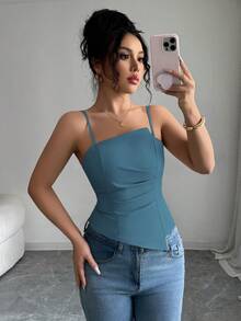 Elenzga Elegante y lindo top de mujer con diseño plisado - Azul - Ver 6
