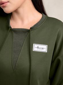 Graceveil 女士休闲抽绳装饰宽松圆领长款连帽衫，棕色，秋冬款 - 軍綠色 - 查看 4