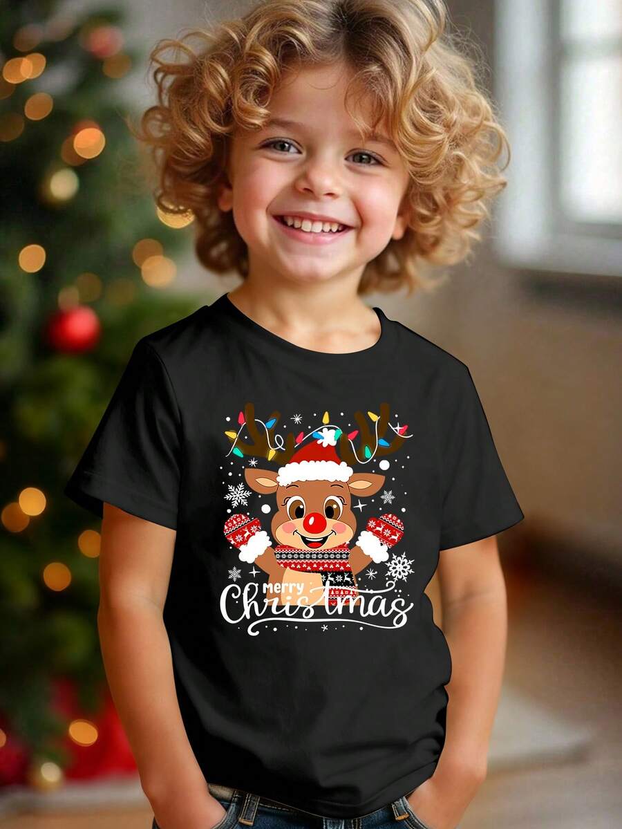 男童圣诞字母元素印花，圣诞元素，时尚百搭，休闲舒适黑色圆领T恤 - 黑色 - 查看 1