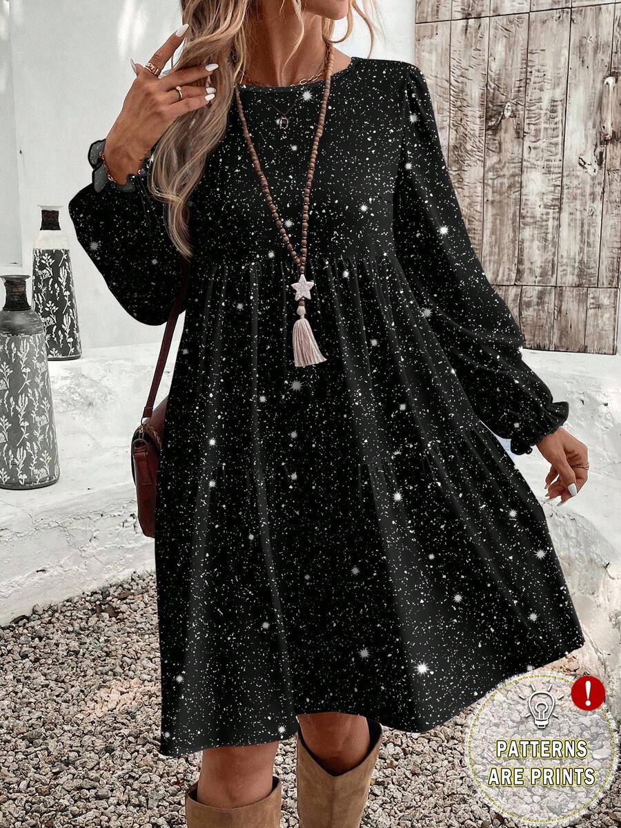 EMERY ROSE Vestido negro suelto de cuello redondo con estampado gráfico de brillo plateado de estilo minimalista y versátil, adecuado para otoño/invierno, uso diario, Navidad, fiesta de Año Nuevo, talla grande - Negro - Ver 1