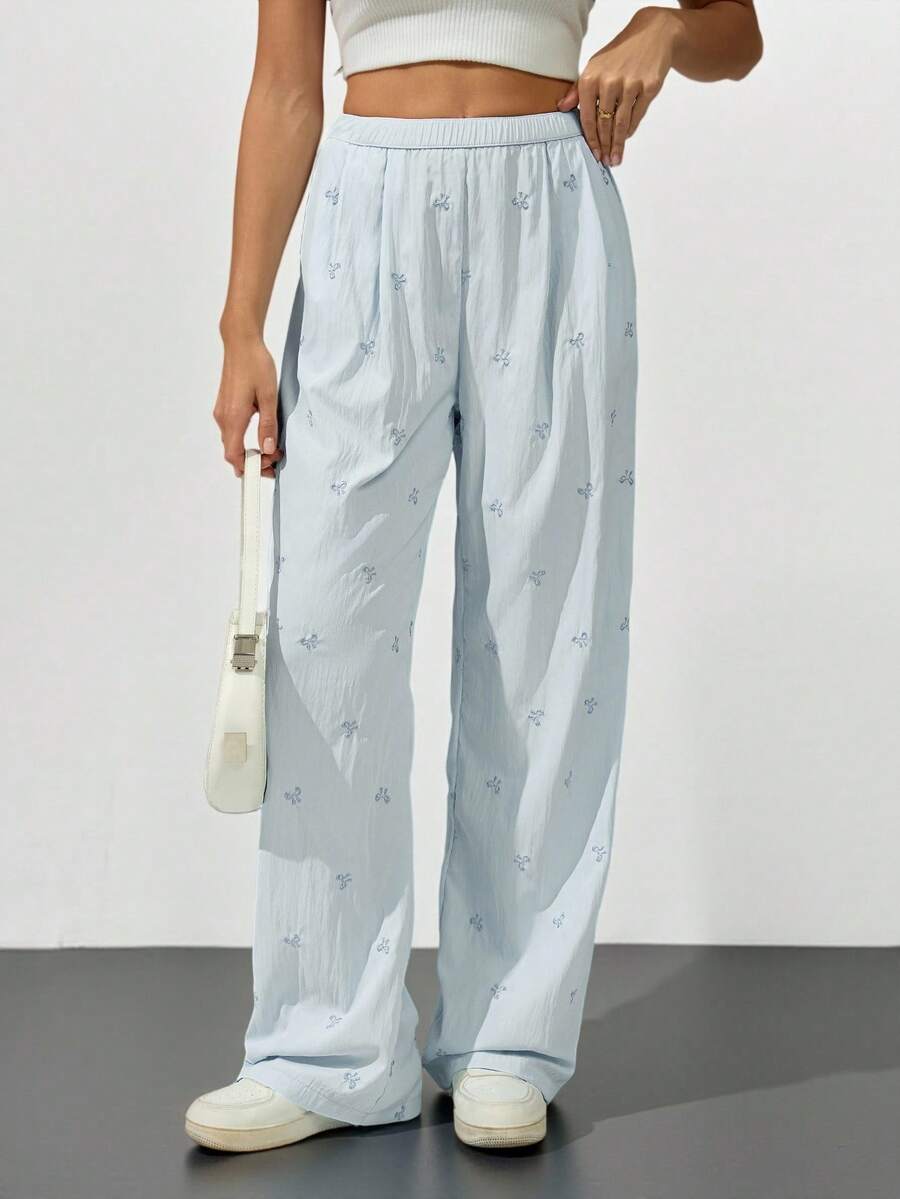 SHEIN Tall New Navy Blue Bow Embroidered Woven Trousers Back To School Outfits Women Y2k - Blue - View 1