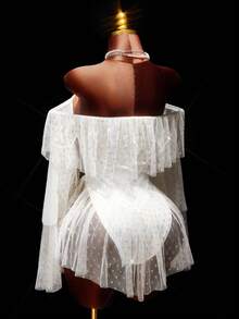 Amplova Váy ngắn hở vai in họa tiết chấm bi lấp lánh tay dài gợi cảm cho nữ, thời trang dự tiệc - Nhiều màu - Xem 8