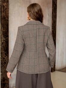 Roveilla 加大码格子翻领长袖修身西装外套粗花呢夹克女式棕色西装外套女式格子两件套西装裙套装粗花呢两件套格子夹克女式棕色格子西装外套格子西装外套女式粗花呢西装外套女式西装外套 - 卡其色 - 查看 2